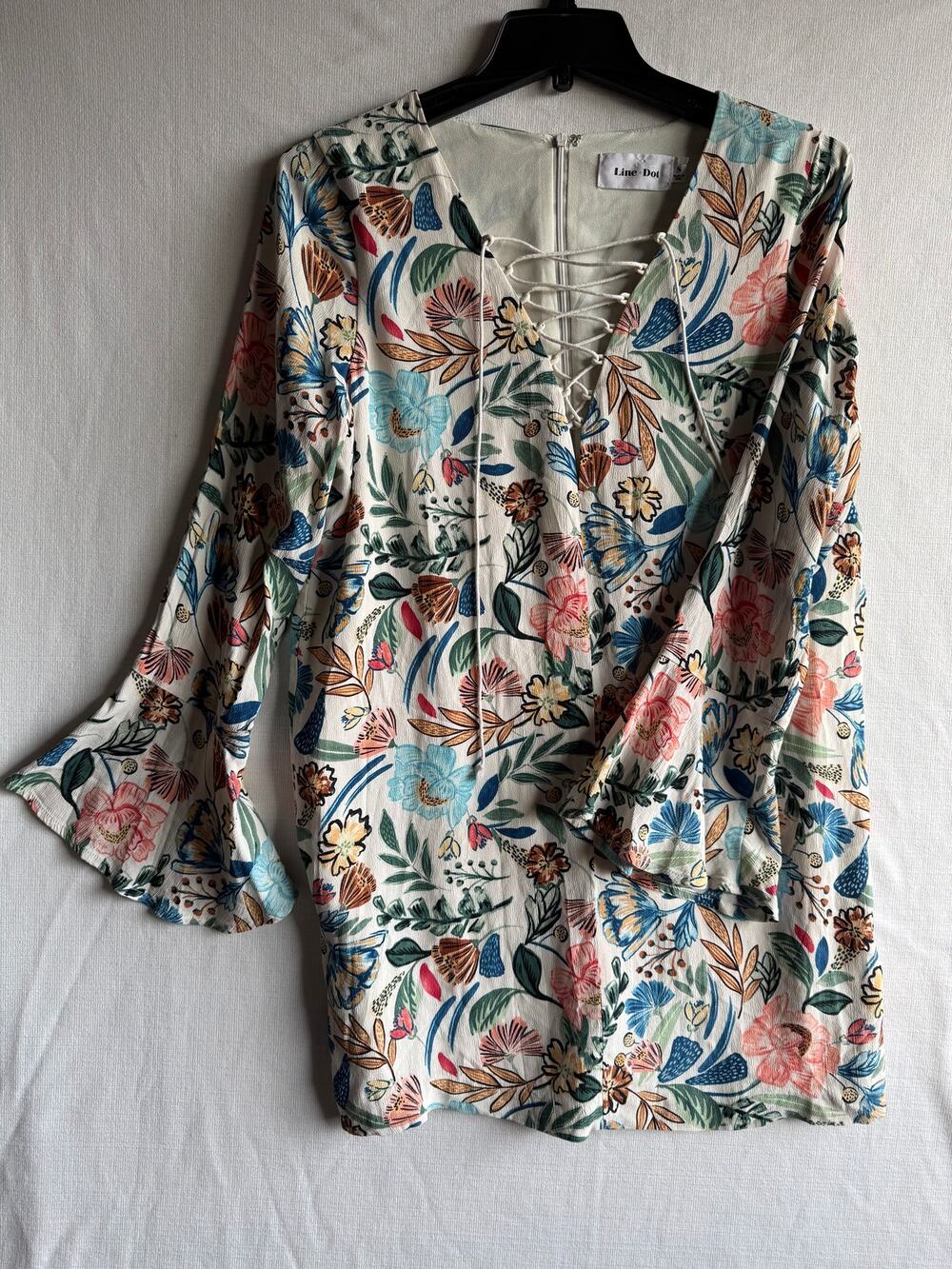 Line & Dot Floral Print Lace-up Mini Dress